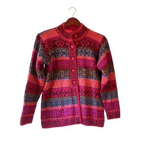 Inka Tradition Baby Alpaca Geometric Pattern Button Front Cardigan Women Small